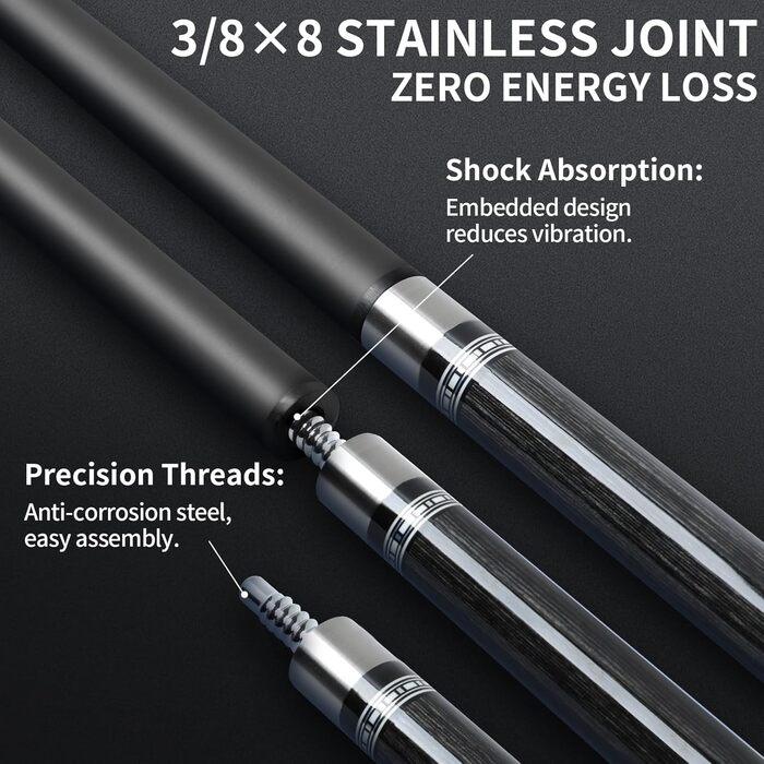Професійний більярдний кий AKLOT Stellar Titanium з карбонового волокна, 147 см, 540 г, кінчик 12,5 мм, з низьким відхиленням для дорослих