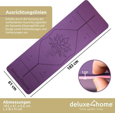 Двосторонній килимок для йоги та фітнесу deluxe4home, нековзний, з лініями вирівнювання, з ременем для перенесення, фіолетовий, для йоги, пілатесу та тренувань