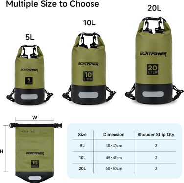 Водонепроникний мішок ECHTPower Dry Bag 20L: мішок для плавання, каякінгу, SUP (зелений)