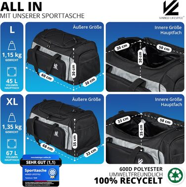 Спортивна сумка VL® з відділенням для взуття, мокрою одежі, ізольованим кульковим відділенням, сауною та туристичною сумкою для жінок та чоловіків. 50 л, чорно-сірий/чорно-срібний