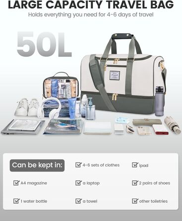 Сумка-валіза LOVEVOOK 37L для подорожей та спортзалу, водонепроникна, з відділенням для взуття та мокрих речей, зелено-бежева