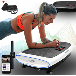 Вібраційна платформа XPLON 4D VX7 з 3 моторами, Bluetooth, пульт ДУ, фітнес-резинки, мат, LED, до 150 кг, біла/чорна