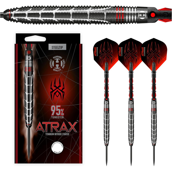 Дротики Harrows Atrax 95% вольфрам, сталевий наконечник, набір 21-26 г, карбонові ST-шафти, крила 100 мікрон червоні