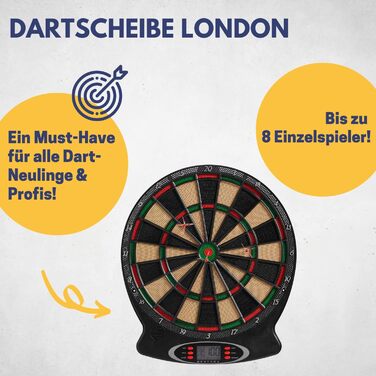 Електронна дартс-мішень Best Sporting London з LED-дисплеєм, 6 дротиками та запасними наконечниками, автомат для 8 гравців, преміум-якість