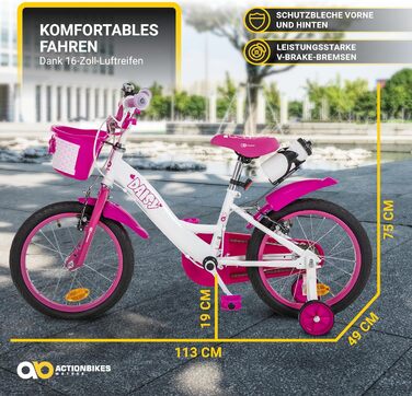 Дитяче велосипед Actionbikes Daisy 12/16 дюймів з V-Brake гальмами | Для дітей 2-9 років | З брудозахисниками | Підходить для дівчаток та хлопчиків