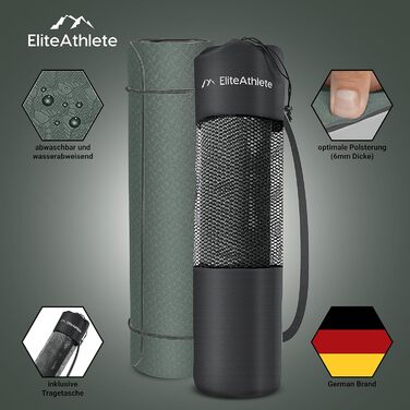 Килимок для йоги EliteAthlete 183×61×0,6 см, нековзкий, з ременем і сумкою, для фітнесу, пілатесу, тренувань, Deep Forest