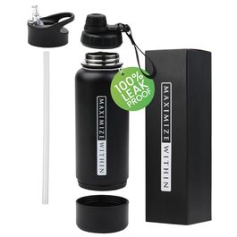 Термос-пляшка з нержавіючої сталі, вакуумна ізоляція, потрійна стінка, з подвійним кришками (соломинка та виливний носик) + приховане відділення для зберігання, без витоку, багаторазове використання, чорна туристична термопляшка