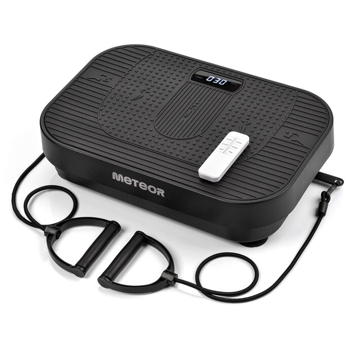 Віброплатформа Meteor для фітнесу вдома: 120 рівнів інтенсивності, 5 програм, 3 зони тренувань, пульт, гумові стрічки, до 160 кг