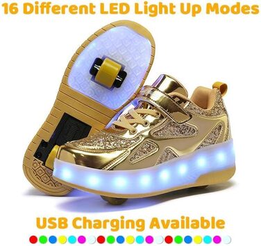 Роликові черевики для дітей з LED-підсвіткою, білі, регульовані, для занять спортом на відкритому повітрі (35 EU, Gold)