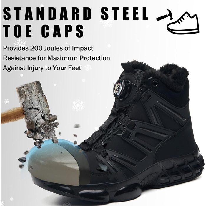 Зимові захисні чоботи,  водонепроникні для чоловіків та жінок. Робочі черевики з повітряною подушкою, сталевим підноском, утеплені, розміри 36-47 EU, чорний.
