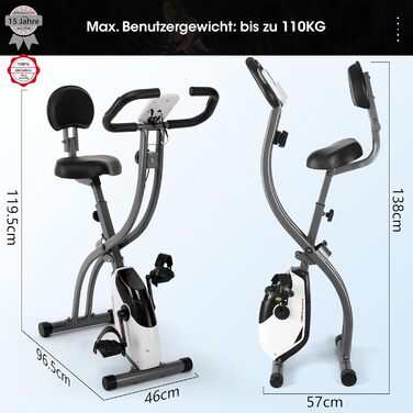 Велотренажер Ultrasport F-Bike 150/200, складаний, 8 рівнів опору, з тримачем для планшета, сенсорами пульсу, LCD-дисплеєм, для спортсменів і людей похилого віку, з спинкою, чорний/сріблястий