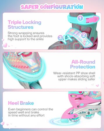 Дитячі ролики Sportneer з регульованим розміром 30-41, комплект з 6 захисними елементами, LED ролики для дівчаток та жінок, рожевий колір, розмір L (EU 38-41)