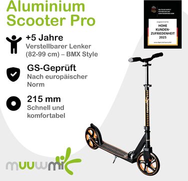 Скутер Muuwmi Pro з алюмінію – для дітей та дорослих, 215 мм, ABEC 7, регульована висота, GS-сертифікований, помаранчевий
