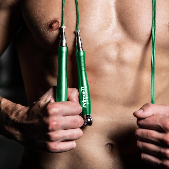 Скакалка PrimaFIT для дорослих, професійна швидкісна, 3 м, з регульованою довжиною, обтяжувачами, 2 підшипниками, антиковзкими ручками, для боксу, MMA, кросфіту, сталевий трос, чохол, зелена