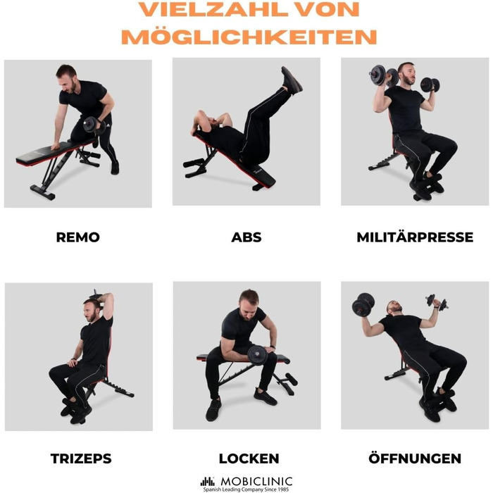 Складана лавка для фітнесу Mobiclinic Flexfit, регульована спинка і сидіння, до 200 кг, для домашнього тренування, європейський бренд, багатофункціональна