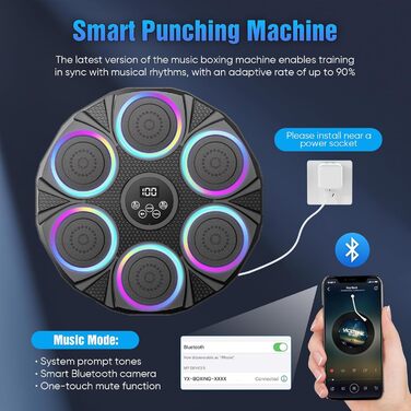 Музична боксерська машина з LED-підсвіткою та Bluetooth, настінна ціль для боксу, 9 режимів швидкості та режим підрахунку, для дорослих та дітей
