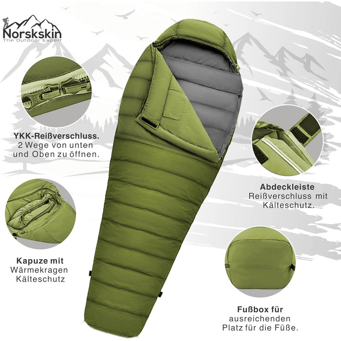 Спальний мішок Mumienschlafsack Norskskin Ultralight 220 Grün (-6°C) екстремальний, з'єднуваний, з відділенням для подушки, лівосторонній блискавка