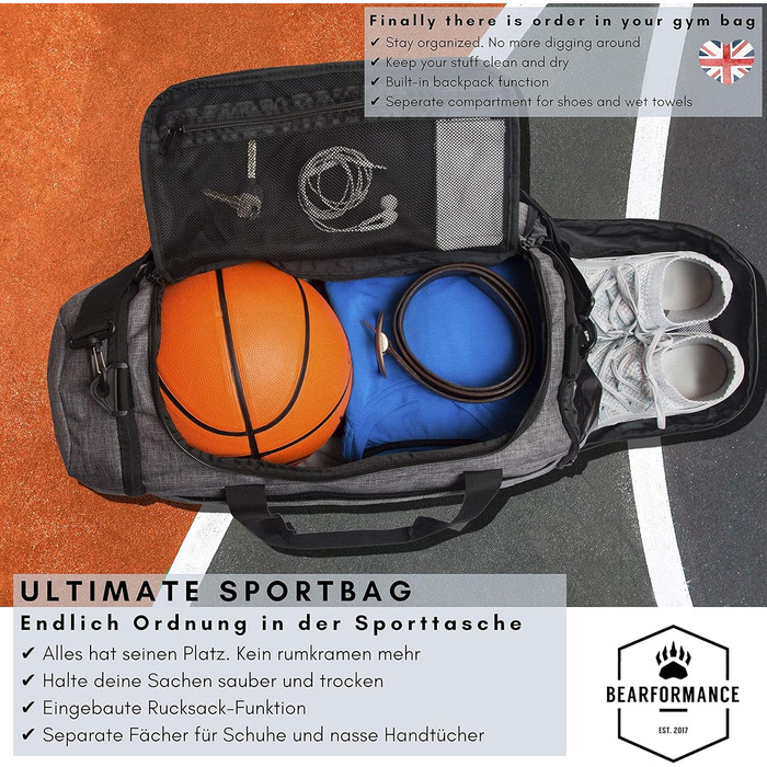 Спортивна сумка-рюкзак Bearformance Ultimate XL 70 л з відділенням для взуття та вологих речей, сіра, для чоловіків і жінок, для тренувань, спортзалу, подорожей