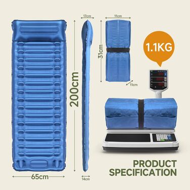 Каремат для кемпінгу Bluever самонадувний з насосом для ніг, 14 см, товстий, з подушкою. Підходить для походів, намету, відпочинку на природі, пляжу, подорожей.
