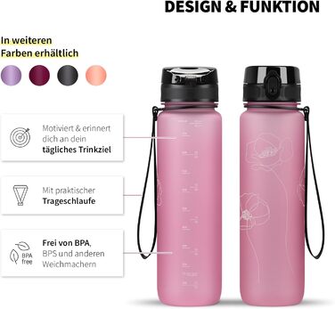 Пляшка для води 720°DGREE uberBottle 1 л з ситечком, герметична, легка, BPA-free, тритан, для спорту, фітнесу, велоспорту, університету, багаторазова, рожева квітка, Softtouch