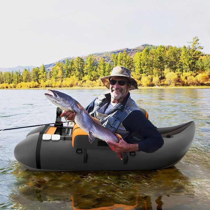 Надувне човен FANTASK для риболовлі з насосом, веслами та ременями, bellyboat, 150 кг, сірий