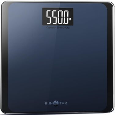 Електронні ваги RunSTAR для тіла, високоточні сенсори, скло 8 мм, до 250 кг, велика платформа, LCD-дисплей, Step-on, синьо-чорний колір