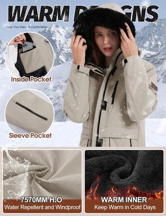 Водонепроникна зимова куртка Voqeen для жінок. Тепла флісова снігозахисна куртка для катання на лижах, вітронепроникна, дихаюча, з капюшоном. Розмір M, колір персиковий.