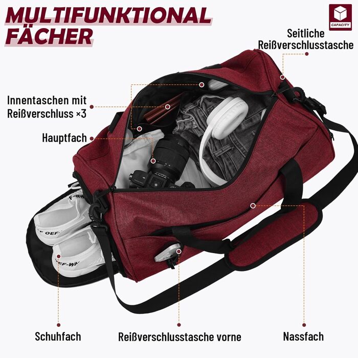 Спортивна сумка 35л для жінок і чоловіків, дорожня duffel-сумка з відділенням для взуття та вологих речей, водонепроникна ручна поклажа для спорту, фітнесу, басейну, колір бордовий