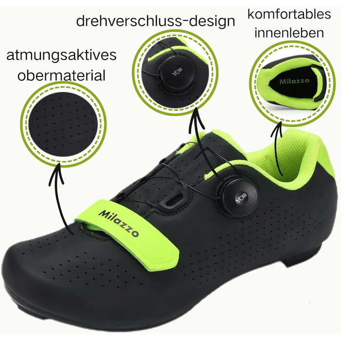 Чоловічі велотуфлі Milazzo для шосе, MTB та Indoor Cycling – дихаючі, сумісні з SPD, SPD-SL, Look Delta педалями (Чорний, Зелений, 44 EU)