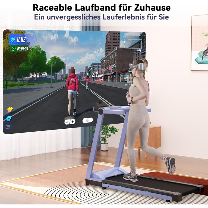 Біговий доріжка DeerRun Raceable з підтримкою High-Tech пристроїв, для дому, вантажопідйомність 158 кг, керування через APP, 2573W, складаний, з тренувальними курсами та мульти-режим, синьо-чорний