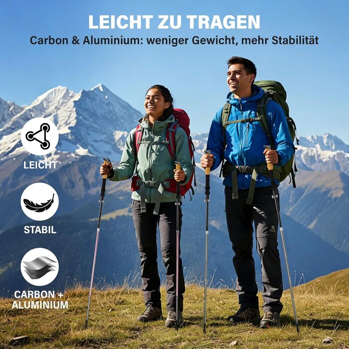 Складані трекінгові палиці для ходьби (2 шт), карбон 3K та алюміній 7050, регульовані 110-135 см, коркова ручка з EVA, сірі