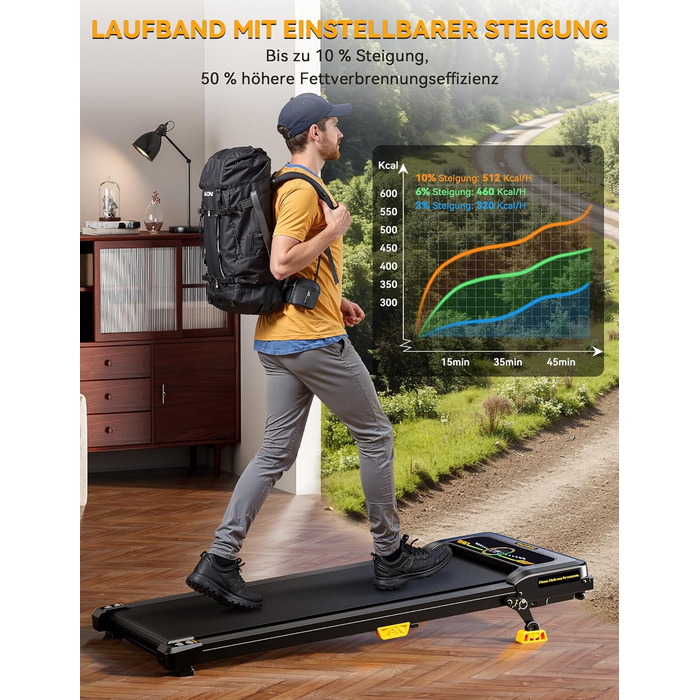 Біговий тренажер з нахилом 10%, Компактний біговий стіл для дому та офісу, Walking Pad, вантажопідйомність 150 кг, 2.5HP тихий мотор, портативна бігова доріжка з пультом керування 1-6 км/год, жовтий