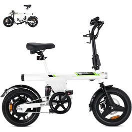 Складаний електровелосипед Finbike 14/16 дюймів, 250W, акумулятор 7.8Ah, швидка зарядка 3 год, до 45 км, 3 режими швидкості, для дорослих і підлітків, біло-зелений