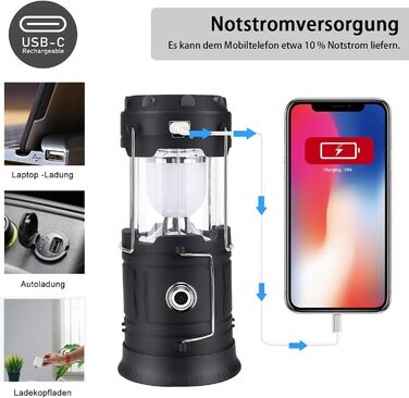 Сонячна кемпінгова лампа EXTRASTAR: LED ліхтар 5W, 2-в-1 (ліхтар + ліхтар для намету), USB/Сонячна/Акумуляторна, водонепроникна, для відпочинку на природі, риболовлі, кемпінгу та походів