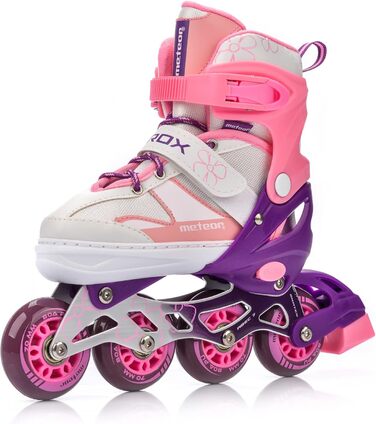 Дитячі ролики Meteor Rox з регулюванням – ролери для дівчаток та хлопчиків, ABEC-7 підшипники, PU-колеса 72 мм, 80A, алюмінієвий фрейм, розміри S30-33, M34-37, L38-41 (рожеві)