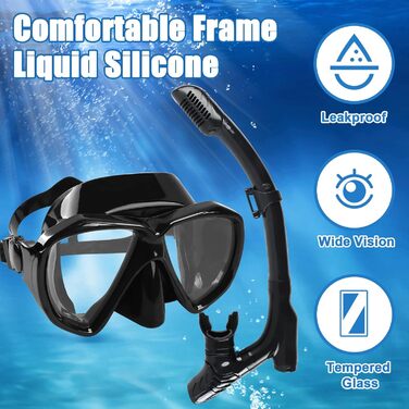 Набір для снорклінгу для дорослих та дітей: маска та трубка Dry, антизапітніння, анти-тік, чорний