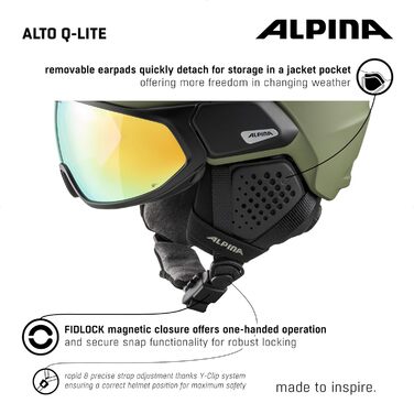 Гірськолижний шолом ALPINA ALTO Q-LITE, захисний, з ударопоглинанням, регульований, з контрастним візором, для дорослих, оливковий матовий, 55-59 см