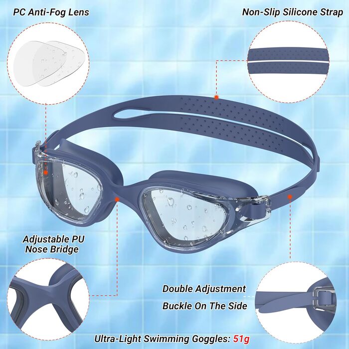 Окуляри для плавання Schwibrille HD з антифогом, UV-захистом, герметичні, зручні - для дорослих, басейн/відкрита вода, синьо-сірі (M)