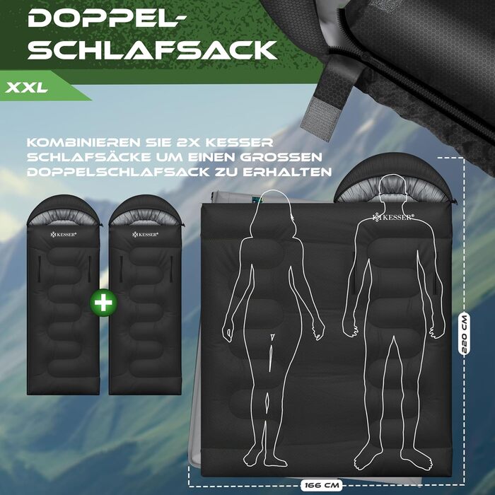 Сплячий мішок KESSER® Outdoor | Дека-сплячий мішок 3-4 сезони | Спальний мішок для дорослих та дітей | Легкий, теплий, водонепроникний | з ліхтариком та кишенькою, чорний, 220 x 83 см