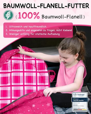 Спальний мішок KingCamp для дітей, фланелевий, легкий, водонепроникний, компактний, зимовий, 4 сезони, для кемпінгу, підходить для дітей до 140 см, комфортна температура: 7°C, рожевий, регульована довжина