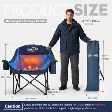Обідній стілець для кемпінгу OVERMONT з підігрівом XL, розкладний, для відпочинку на природі, риболовлі, блакитний