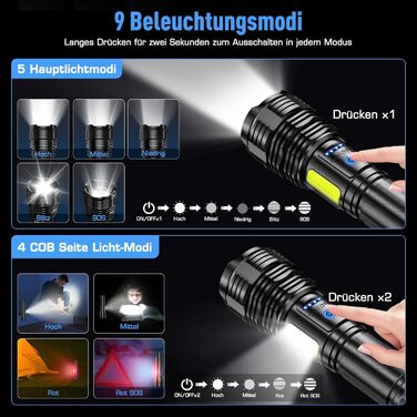 LED ліхтар Sidark 500000 люмен: тактичний, надпотужний, водонепроникний, з бічним світлом, 9 режимів, для кемпінгу та надзвичайних ситуацій