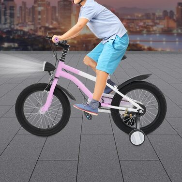 Дитячий велосипед 16 дюймів для хлопчиків та дівчаток, сталевий, 5-8 років, з бічними колесами та регулюванням висоти, рожевий + LED-ліхтар