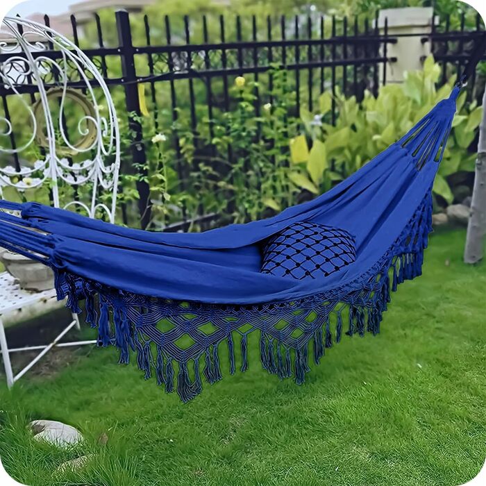 Гамак вуличний Krumad Boho 190x150 см, до 120 кг, бавовна-поліестер, з бахромою, синій. Для саду, балкону, тераси