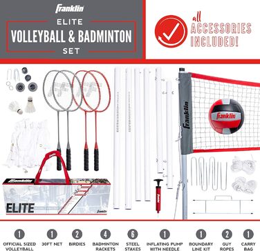 Набір для волейболу та бадмінтону Franklin Sports: мережа для вулиці та пляжу, ракетки, м’яч, волани, портативний комплект