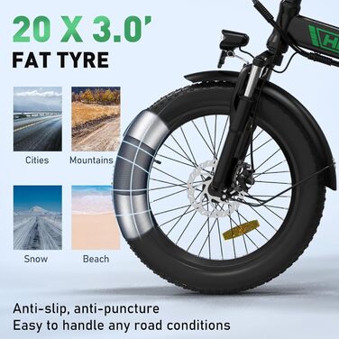 Електровелосипед HITWAY 20'' Fat Tire, складаний, акумулятор 36В 12А·год / 48В 15А·год, запас ходу до 100 км, 7 швидкостей, для міста та бездоріжжя