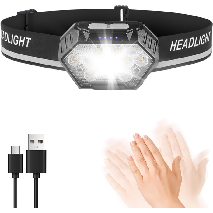 LED налобний ліхтар налобний ліхтар, перезаряжається, 9 LED, 1500mAh, кут нахилу 45°, 4 режими світла з датчиком руху, червоне світло, водонепроникний IPX4, для бігу вночі, піших прогулянок, кемпінгу, риболовлі, чорний