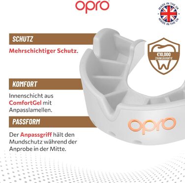 Захист зубів OPRO Bronze – для боксу, єдиноборств, MMA, дорослих та дітей – самоадаптуюча накладна шина для хокею, кікбоксингу, регбі – надійна фіксація – з гарантією від дантиста (білий, дитячий (до 10 років))