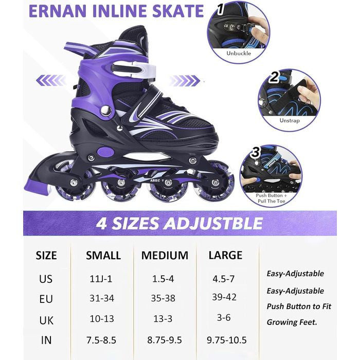 Дитячі ролики ERAN з регулюванням розміру. Роликові ковзани, регульовані на 4 розміри для дівчаток/хлопчиків/дітей, для використання в приміщенні та на вулиці, фіолетовий колір