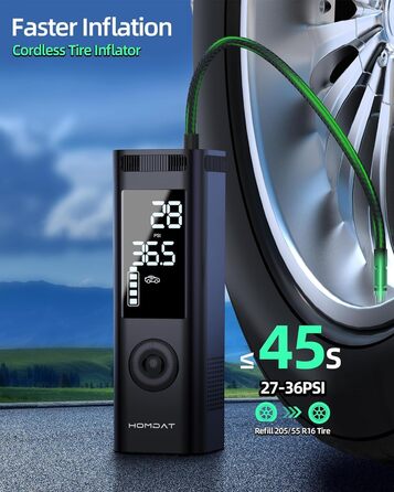 Електричний насос для шин homdat 150PSI, 17800mAh, портативний акумуляторний компресор для автомобільних, велосипедних, мотоциклетних шин та надувних виробів, чорний